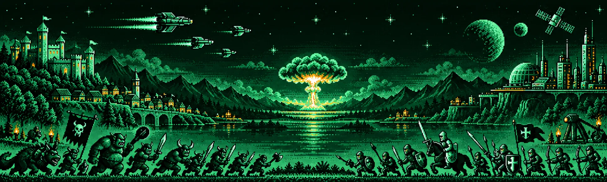 Pixel-Landschaft bei Nacht: Burg, Dorf und Raumschiffe, in der Mitte eine Explosion über einem See, Orks und Ritter ziehen in die Schlacht, rechts Planeten und eine Zukunftsstadt